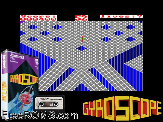 Gyroscope (UK) (1986) [h1] Amstrad CPC game showing 3D box cover and gameplay screenshot